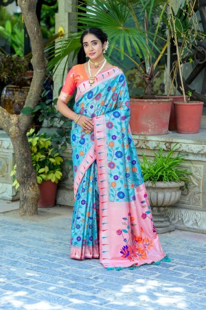 Soft Banarasi Silk Paithani Sky Blue Saree